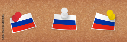 Russia flag pinned in cork board, three versions of Russia flag.