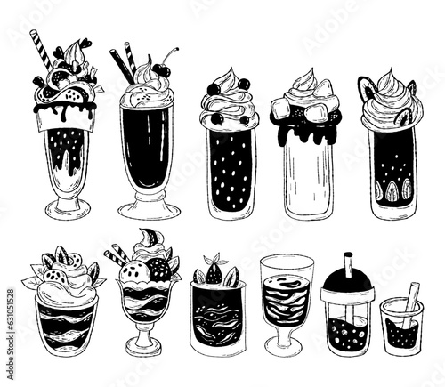 Collection sweet food desserts and cream smoothies in glasses with berries. Vector illustration. Isolated hand drawings for menu design, culinary themes, decor and print.