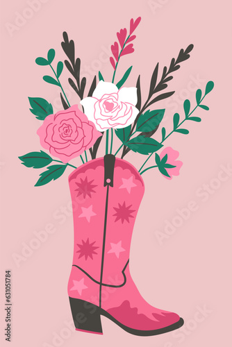 Postcard flowers in a trendy cowgirl boot . Vector graphics.