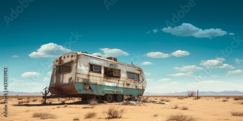 Living in remote destinations. An abandoned motor home or camping truck, in the middle of dry land or desert. Beautiful blue sky above. Generative AI