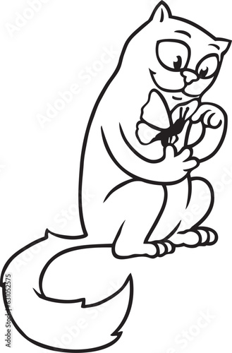 Cartoon: neugierige Katze spielt sanft und freundlich mit einem Schmetterling in ihrer Pfote