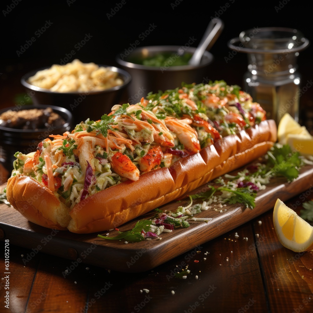 Delicious Lobster Roll with Juicy Meat and Garnishes Delicious Lobster Roll with Juicy Meat and Garnishes