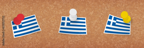 Greece flag pinned in cork board, three versions of Greece flag.