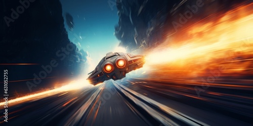 Full throttle. A sci-fi space ship on a runway or catapult accelerating full speed ahead. burning trail. fast acceleration abstract. Generative AI