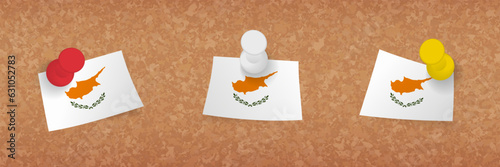 Cyprus flag pinned in cork board, three versions of Cyprus flag.