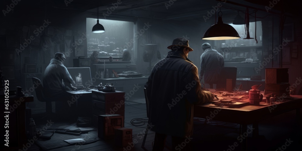 The back room. Guys in a back room of a joint, casino, or some shady operation. A hideout, a smoky dark room with big monitor. Generative AI