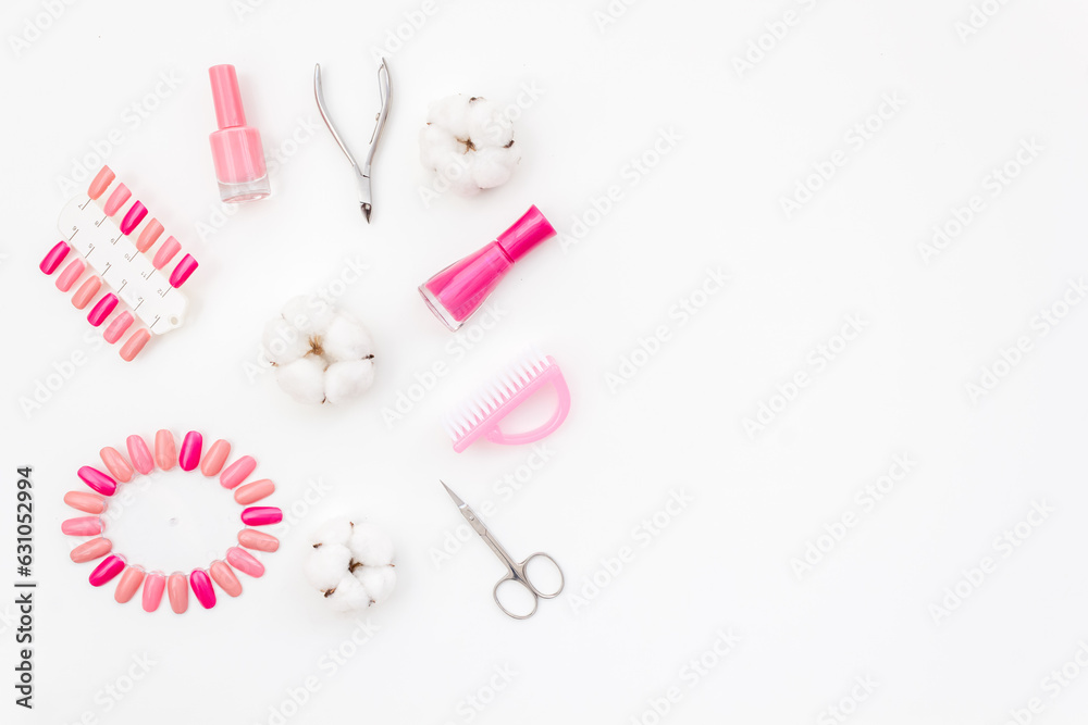Manicure set with nail tools and palette of nail polish, top view. Beauty cosmetic products Manicure set with nail tools and palette of nail polish, top view. Beauty cosmetic products