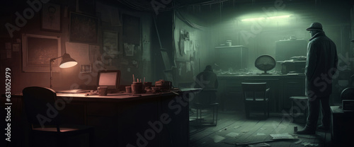 The back room. Guys in a back room of a joint, casino, or some shady operation. A hideout, a smoky dark room with big monitor. Generative AI