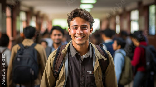 Young Indian Student in Bustling University Hall: Smiling with Eyes Full of Determination and Optimism. Generative Ai.  © Philipp
