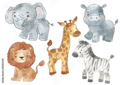 Watercolor hand drawn baby wild animals characters. Cute giraffe, lion, zebra, hippo, elephant. Safari animals set. Realistic illustration for kids, posters, cards, nursery, apparel, scrapbooking. © mgdrachal