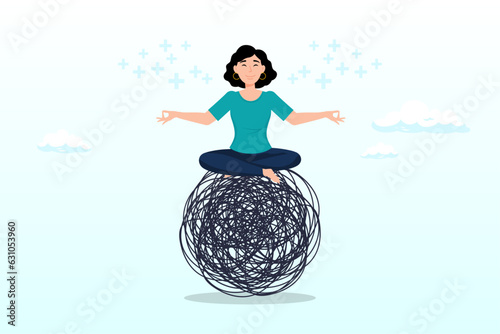 Woman in lotus meditation on chaos mess line with positive energy, stress management, meditation or relaxation to reduce anxiety, control emotion during problem solving or frustration work (Vector)