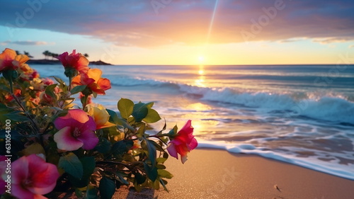 beautiful wild rose bush on beach ,bee fly ,dew drops ,sunlight beam flares