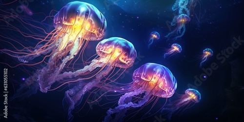Glowing jellyfish swim deep in the blue sea space.