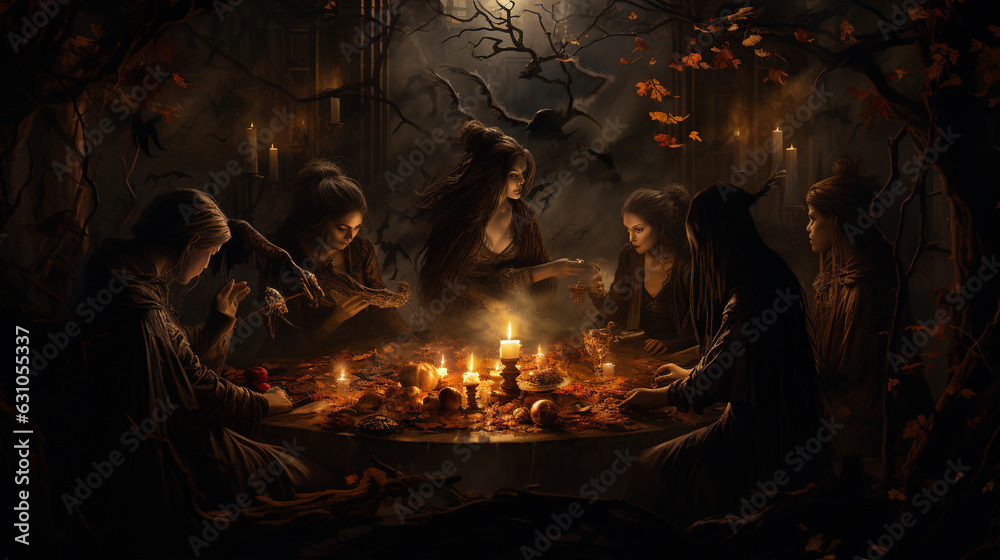 Witches' Coven Gathering in the Moonlight  - obrazy, fototapety, plakaty 