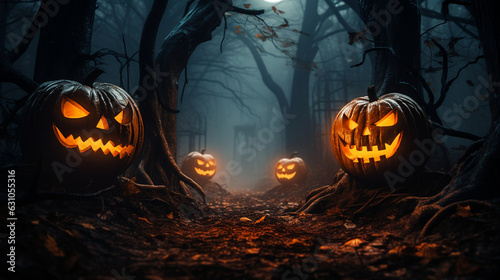 Spooky Jack-o'-Lanterns in a Misty Forest  © Наталья Евтехова