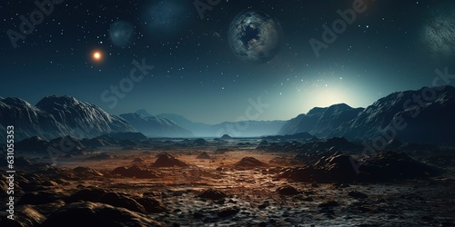 Fantastic view of the space landscape from the surface of the planet.