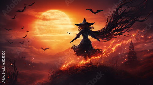 Sinister Witch Flying on a Broomstick across the Moon 