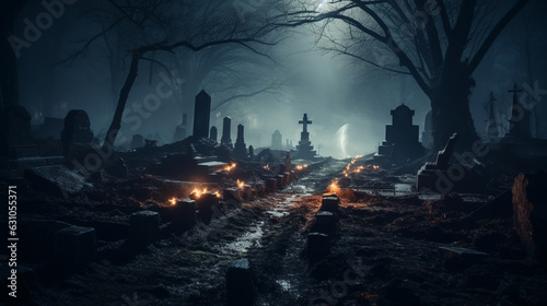 Creepy Graveyard with Fog and Ghostly Apparitions 