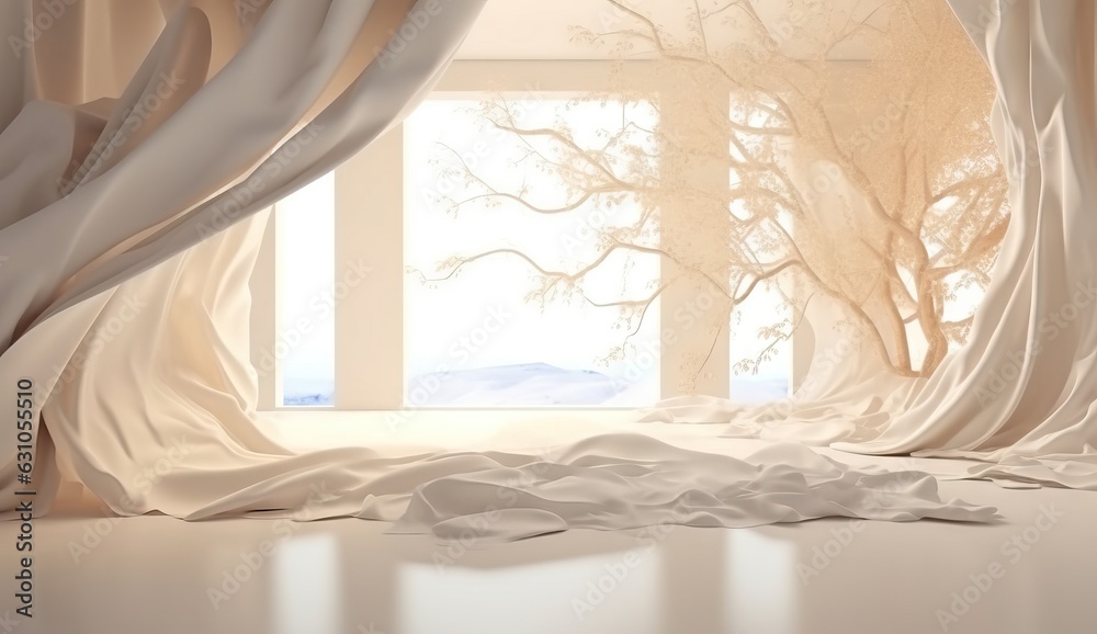 White curtains in the room with winter landscape. White curtains in the room with winter landscape.