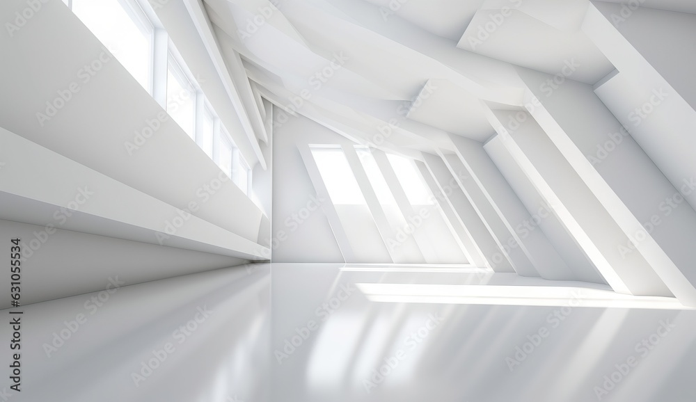 White empty room with windows and white floor.