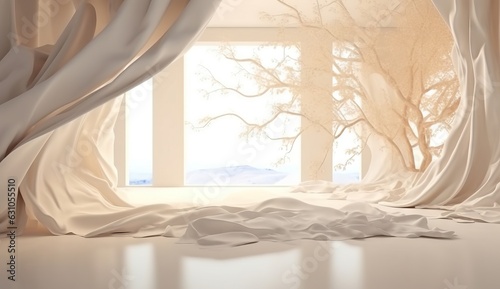 White curtains in the room with winter landscape.