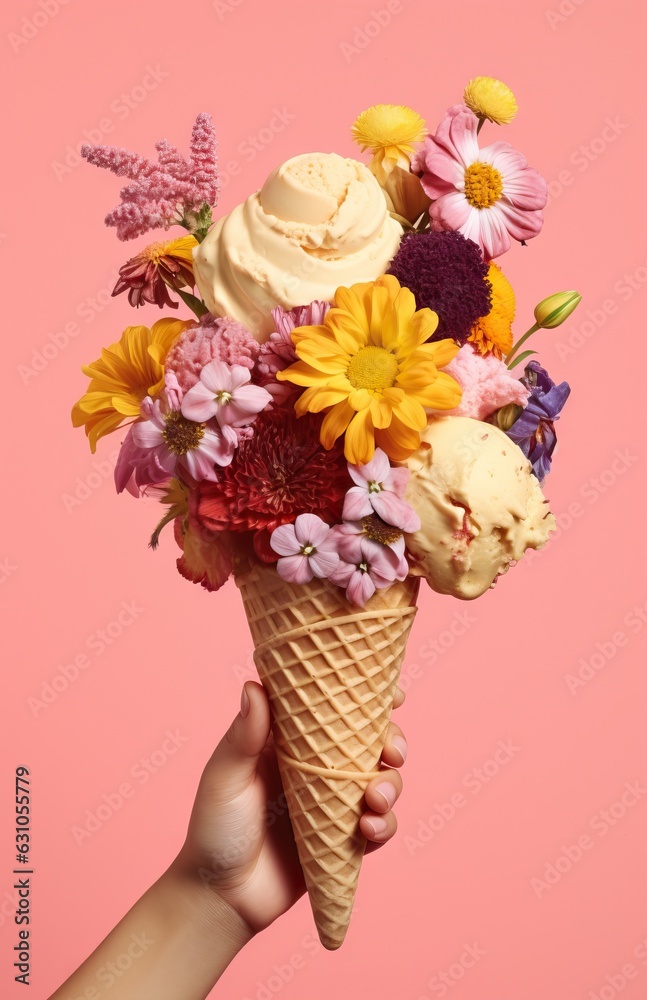Female hand holding ice cream in waffle cone with flowers on pink background