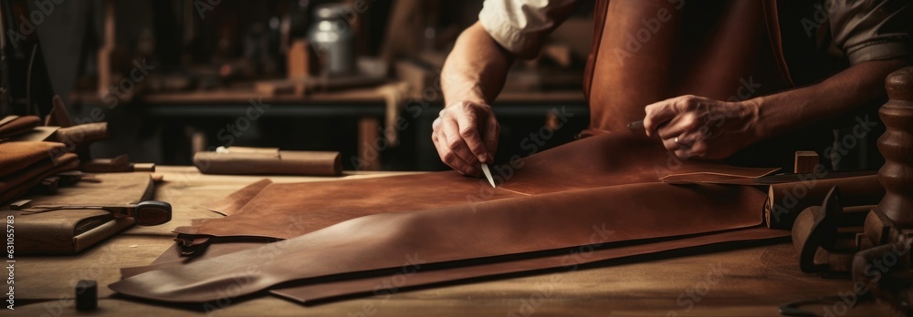 Leathersmith or leather craftsman laying out a pice of brown leather.  Work place of leather smith. Generative AI - obrazy, fototapety, plakaty 