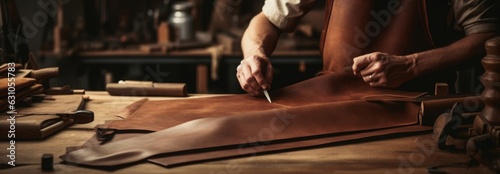 Leinwand Poster Leathersmith or leather craftsman laying out a pice of brown leather
