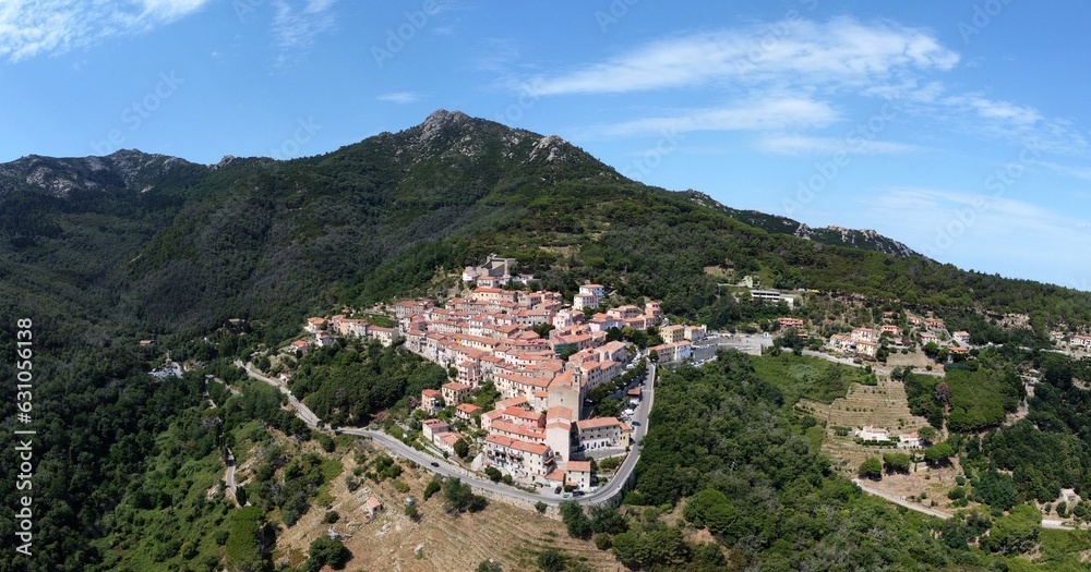 Aerial view of the village of Marciana alta. Marciana, Elba island, Livorno, Italy