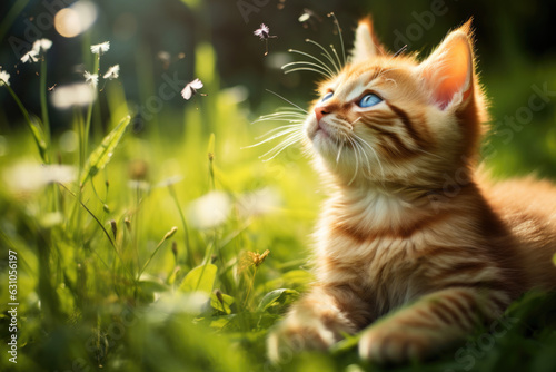 Adorable little tabby kitten laying in the grass outside