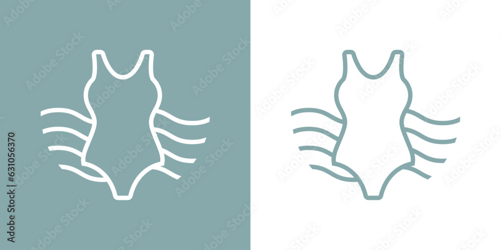Fototapeta premium Logo vacaciones de verano. Silueta lineal de traje de baño de mujer con olas de mar