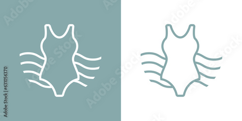 Logo vacaciones de verano. Silueta lineal de traje de baño de mujer con olas de mar