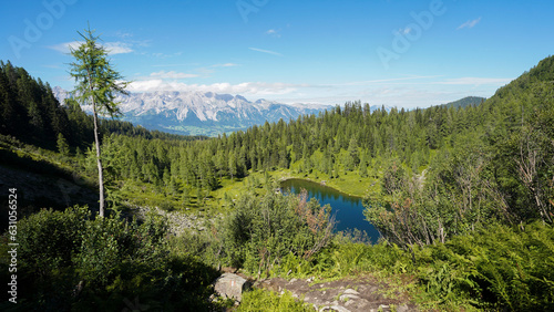 Reiteralm loop hiking trail with views on the Dachstein Mountains in Schladming, Austria. photo