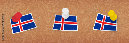 Iceland flag pinned in cork board, three versions of Iceland flag.