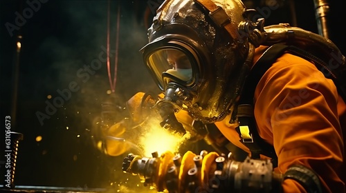 A commercial diver performing underwater welding. Created with generative AI technology