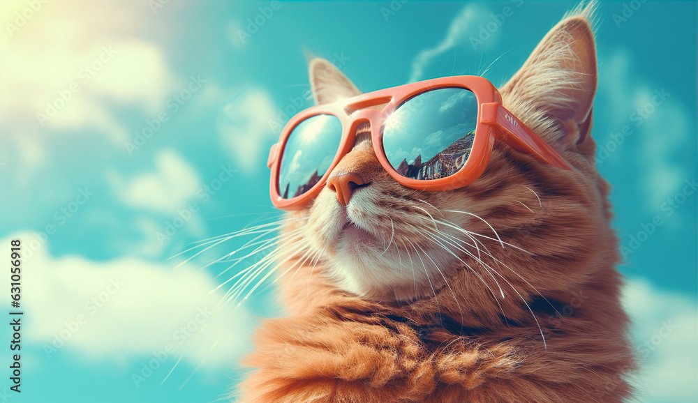 Red cat in sunglasses on a blue background. Created with Generative AI