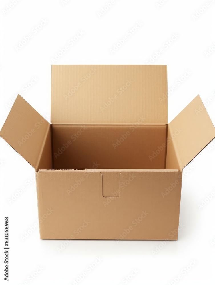 Cardboard box with flip open lid, lid open, isolated on white, Generative AI Cardboard box with flip open lid, lid open, isolated on white, Generative AI