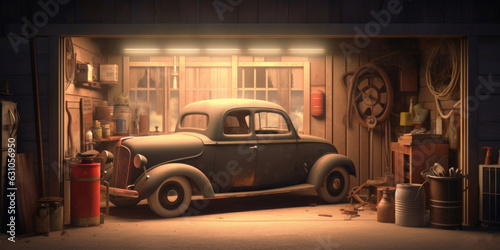 Old garage or shed with a vintage car. An old school garage with a hot rod car base material. warm lighting. Hand edited Generative AI