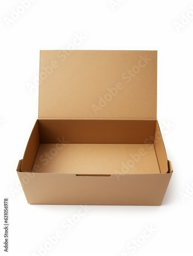 Cardboard box with flip open lid, lid open, isolated on white, Generative AI