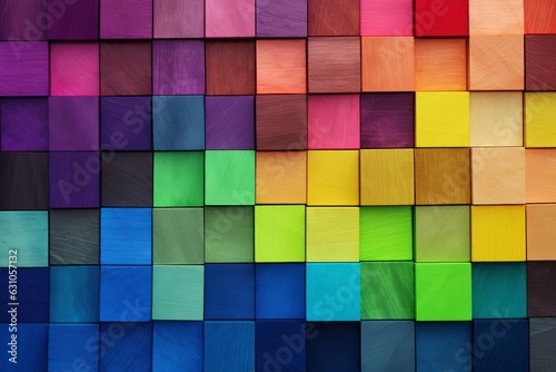 Spectrum of multi colored wooden blocks aligned. Background or cover for something creative or diverse, Generative AI