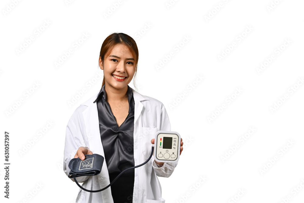 Healthcare worker in white coat holding digital blood pressure monitor against white background. Healthcare worker in white coat holding digital blood pressure monitor against white background.