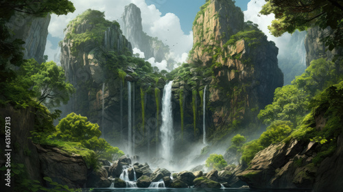 Fantasy waterfall mountains river nature © stocker