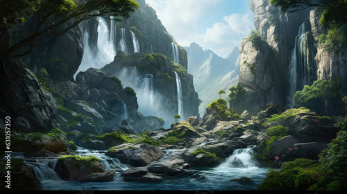 Fantasy waterfall mountains river nature © stocker