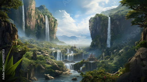 Fantasy waterfall mountains river nature