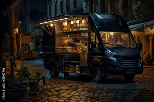 Street food van on a evening city street. Ai generated