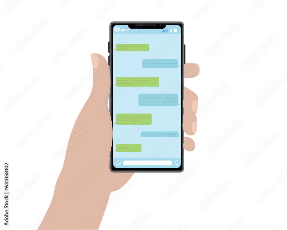 Phone in hand, chat, correspondence, WhatsApp, support, press the screen, print, vector illustration