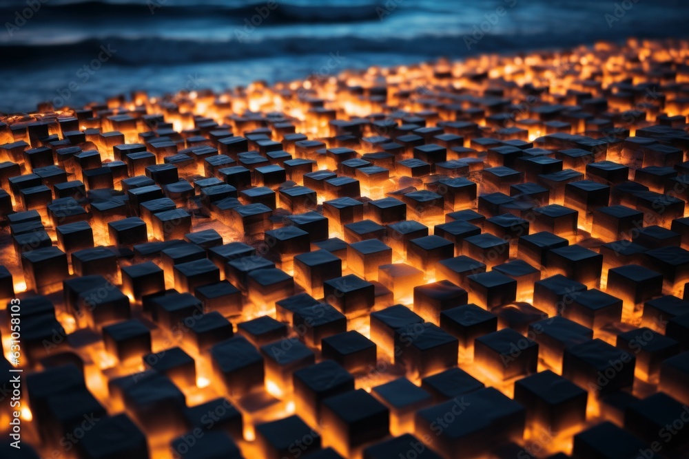 Obraz premium Night beach lights cubes. Generate Ai
