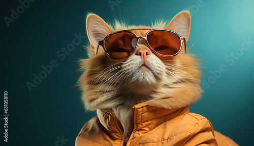 Red cat in sunglasses on a blue background. Created with Generative AI