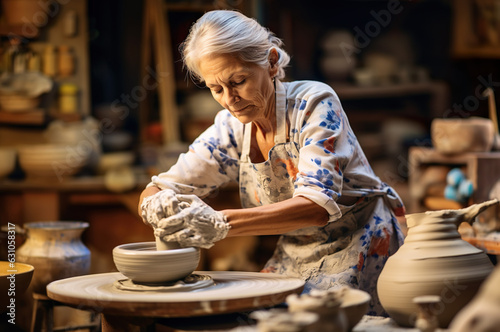 Ai generated image of mature senior woman making pottery art