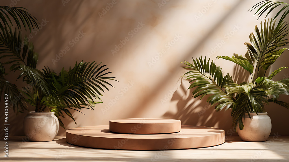 3D render, abstract minimal scene with geometrical forms, palm leaves, podium for product presentation